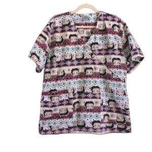 Betty Boop Womens Scrub Top XL Cartoon Print V-Neck Short Sleeve Comfortable